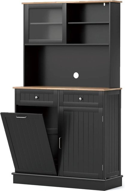 Costway Küchenschrank mit Arbeitsplatte und Mülleimer-Halterung in Schwarz, modern und freistehend, B/T/H: 100 x 34 x 172 cm - Bild 1