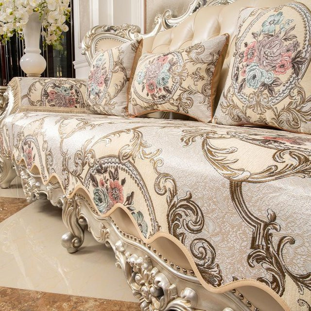 Wellenkantiger Sofa-Kissenbezug mit Stickmuster in Weiß, rutschfest und waschbar, B/H: 58 x 65 cm - Bild 1