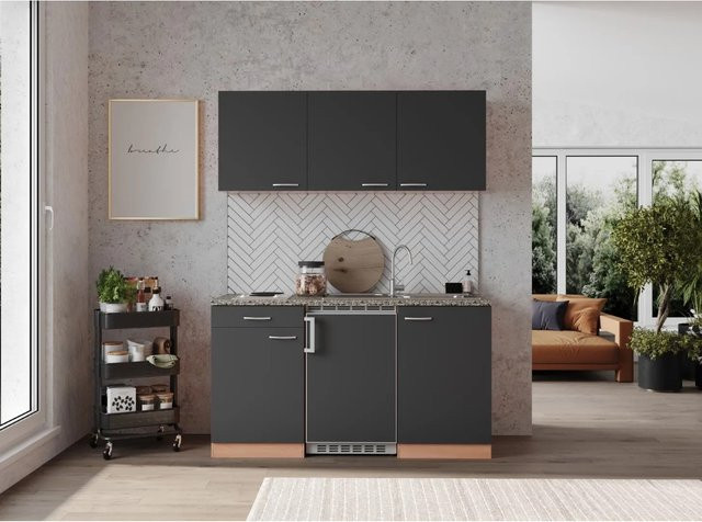 Respekta Küchenzeile KB150BG in Grau-Buche Nachbildung mit Schränken und Schubladen, B/T/H: 150 x 60 x 200 cm - Bild 1