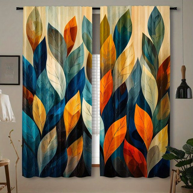 2 Stück abstrakte Vorhänge mit Blattmuster in Multicolour, halbtransparentes Polyester mit Stangentasche, Breite: 53 cm, Höhe: 116 cm - Bild 1