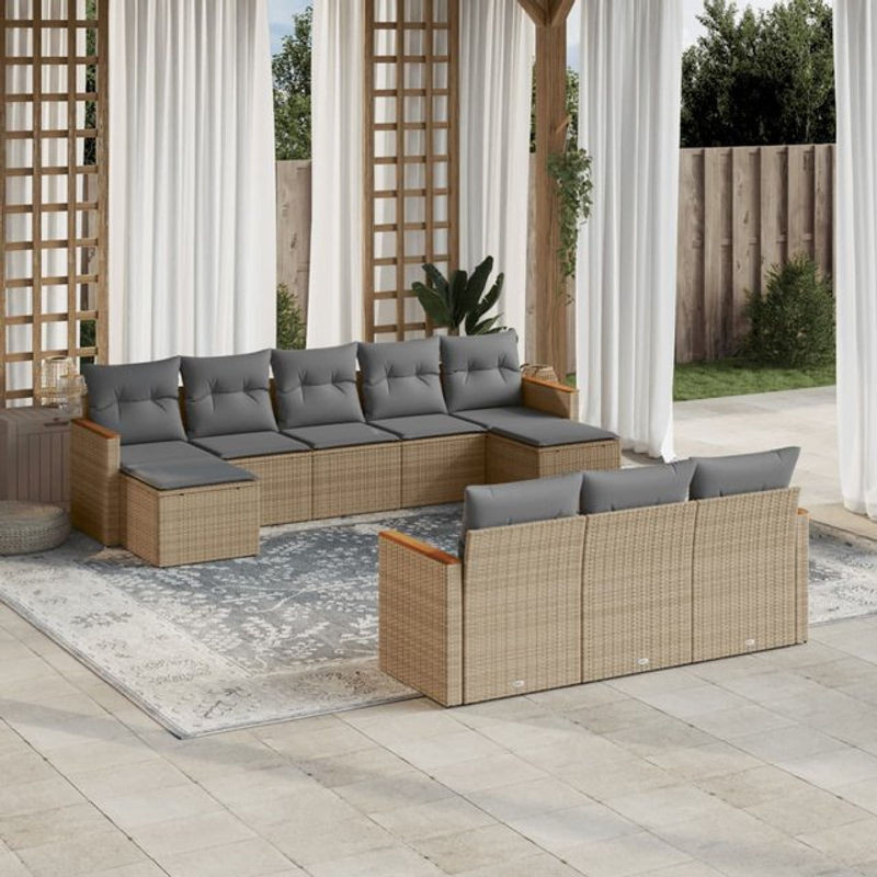 Vidaxl Gartenmöbel-Set aus Polyrattan mit 10 Teilen in Beige inklusive Kissen - Bild 1