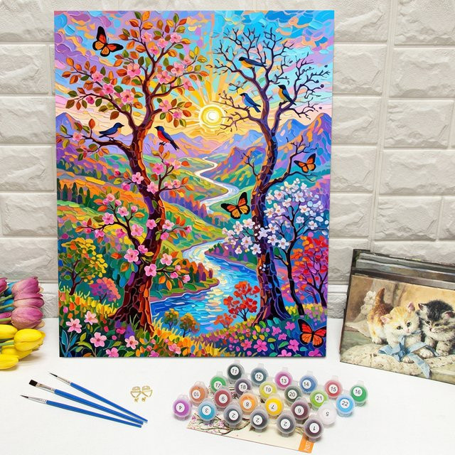 DIY Acrylmalset nach Zahlen mit floraler Frühlingslandschaft und Fluss für Erwachsene, Mehrfarbiges Malset zur modernen Wanddekoration - Bild 1