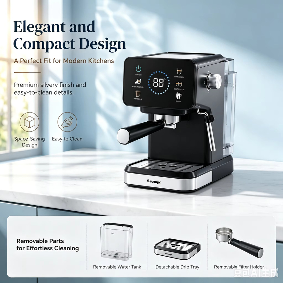 SZWDSE Halbautomatische Espressomaschine mit integriertem Milchaufschäumer und Temperaturregelung, 20 bar Druck, Schwarz - Bild 6