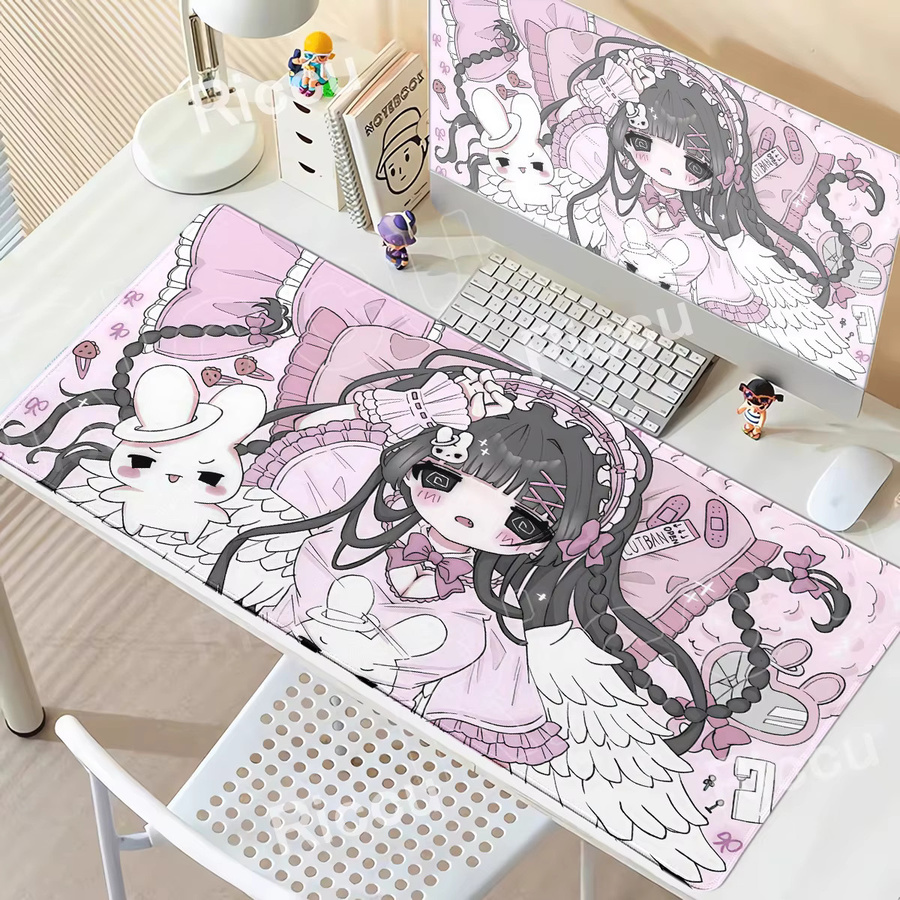 Riccu Kawaii Anime Mädchen Mauspad in Rosa Pastell, rutschfeste Schreibtischunterlage für Laptop und Büro im japanischen Ästhetik-Design - Bild 2