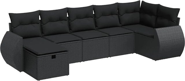 vidaXL 7-teilige Garten-Sofagarnitur in L-Form aus Polyrattan mit Kissen in Schwarz - Bild 1