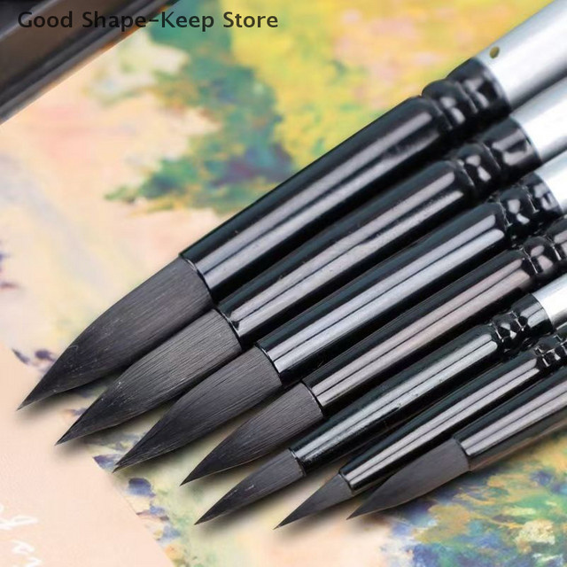 7-teiliges Kunstpinsel-Set für Anfänger mit Holzgriff in Schwarz, runde Pinsel mit spitzen Spitzen für Gouache und Wasserfarben - Bild 1