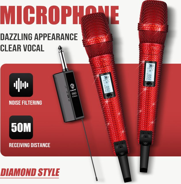 G-MARK SKM9000 Kabelloses Diamant-Mikrofon in Rot mit UHF-Frequenzverstellung und Studio-Sound aus Metall - Bild 1