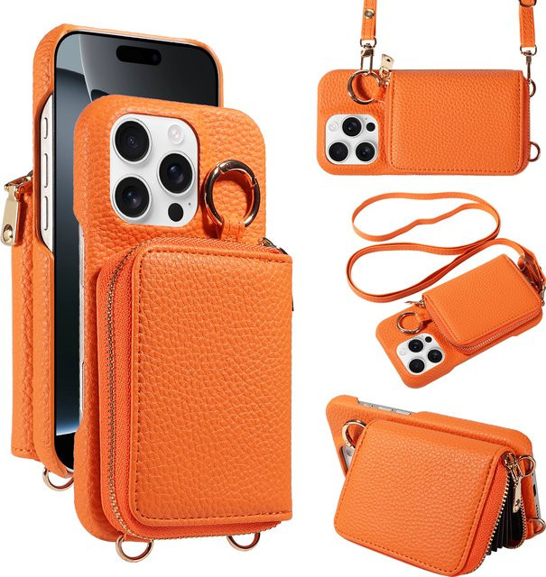 Kunstleder Umhängetasche als Handyhülle für iPhone 16e 16 15 14 13 12 11 Pro Max mit Kartenfach und Anti-Entmagnetisierung in Gold und Orange - Bild 1