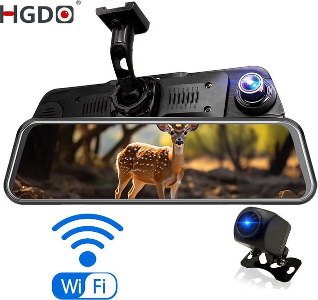 Hgdo Dash Cam mit Wi-Fi und Rückfahrkamera, 10 Zoll Spiegel Rückspiegel Dashcam, FHD 1080p Video Recorder mit Nachtsicht, Schwarz - Bild 1