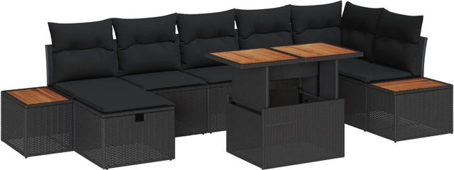 vidaXL Garten-Sofa-Set 8-teilig in Schwarz aus Poly Rattan und Akazienholz mit Polstern und Tisch in U-Form - Bild 1