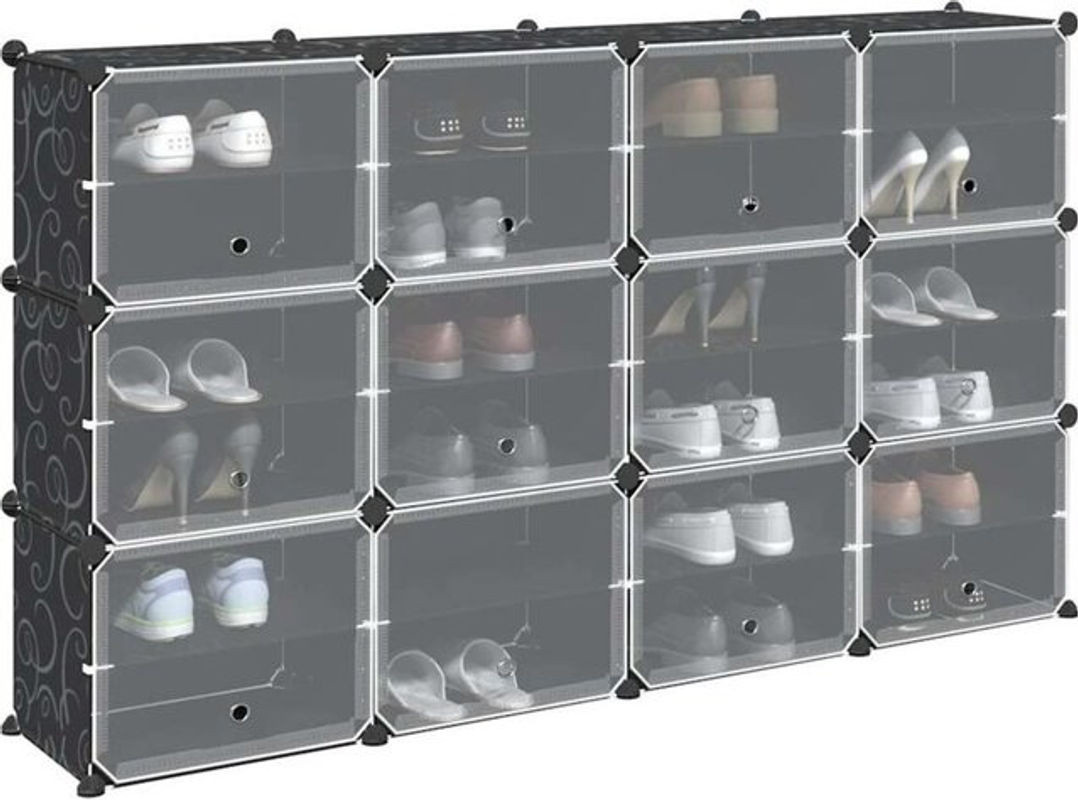 vidaxl Regalsystem mit 12 Würfeln und Türen in Schwarz aus Polypropylen, H x B x T: 165,5 x 93,5 x 31,5 cm - Bild 1