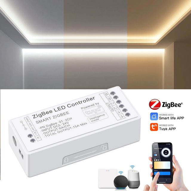 Tuya Zigbee LED Controller CHNAITEKE Smart Dimmer für RGB RGBW CCT LED Streifen, Sprachsteuerung mit Alexa und Google Assistant, DC5-24V, Farbe: Weiß - Bild 1