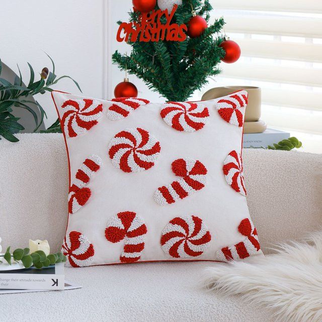 CANIRICA Weihnachts-Kissenbezug mit getuftetem Zuckerstangen-Design, Weiß-Rot, B/T/H: 45 x 45 x 0 cm - Bild 1