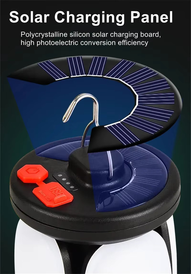 XIWANGFIRE LED Camping Lampe mit Solar und USB, Schwarz, Weiß, Aufhängbare Notfall-Laterne für Zelt, Garten und Reise - Bild 4