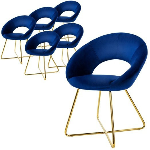 ML-Design Esszimmerstuhl 6er Set aus blauem Samt mit runder Rückenlehne und goldenen Metallbeinen - Bild 1