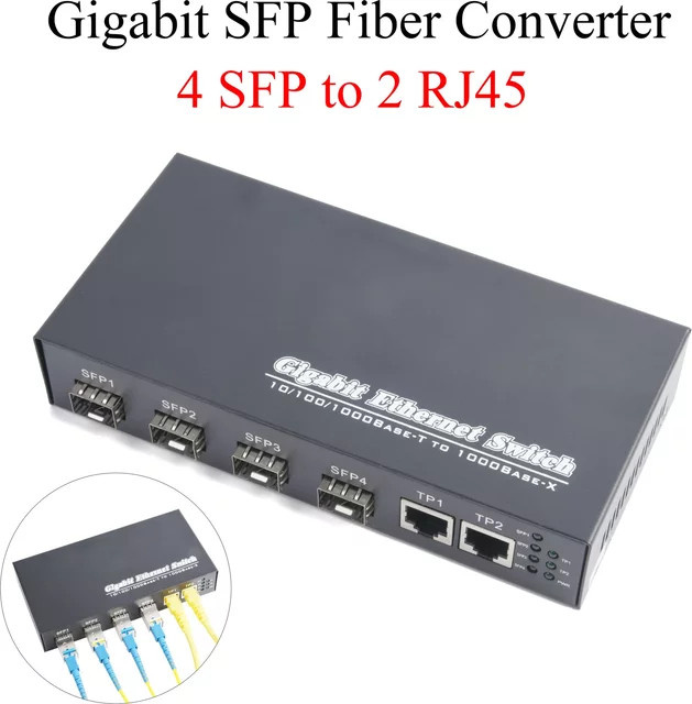 LYNNDM Gigabit SFP Medienkonverter mit 4 SFP zu 2 RJ45 Transceivern und Glasfaser-Switch in Schwarz - Bild 1