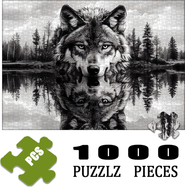 Wolf & Forest Reflection Black & White Art Puzzle, 1.000 Teile - Bild 1