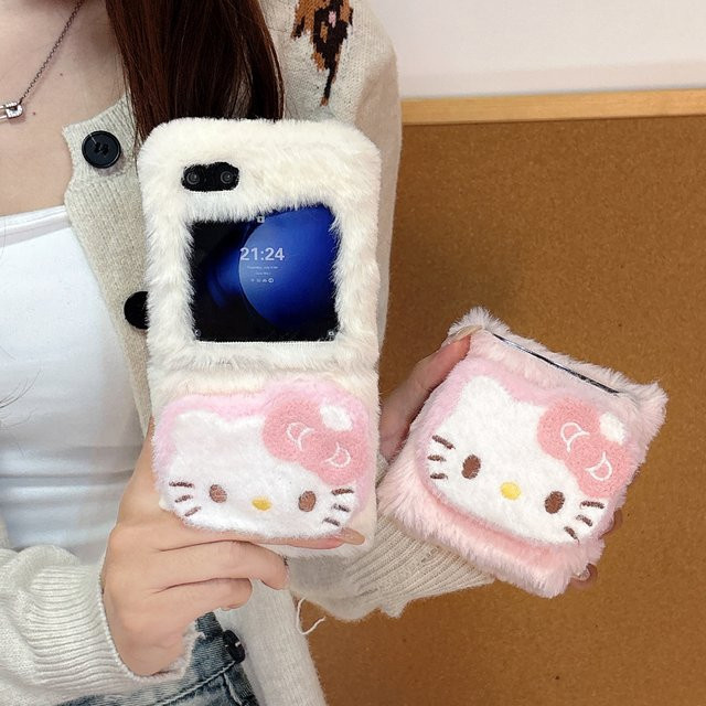 Niedliche Hello Kitty Handyhülle aus warmem Plüsch für Samsung Galaxy Z Flip 7, 6, 5, 4, 3 - Bild 1