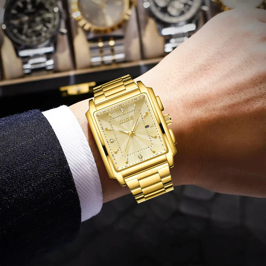 LIGE Armbanduhr Chronograph, Quarz, Edelstahl, Gold, eckig, Herren - Bild 3