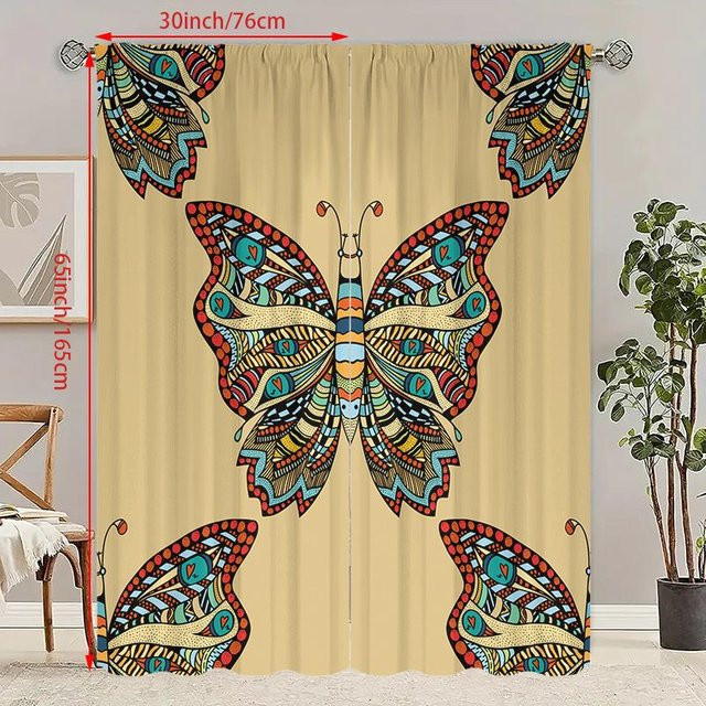 2er-Set handbemalte Schmetterlings-Vorhänge aus Polyester in Beige, semi-transparent mit Naturmotiv, Breite: 107 cm, Höhe: 160 cm - Bild 1