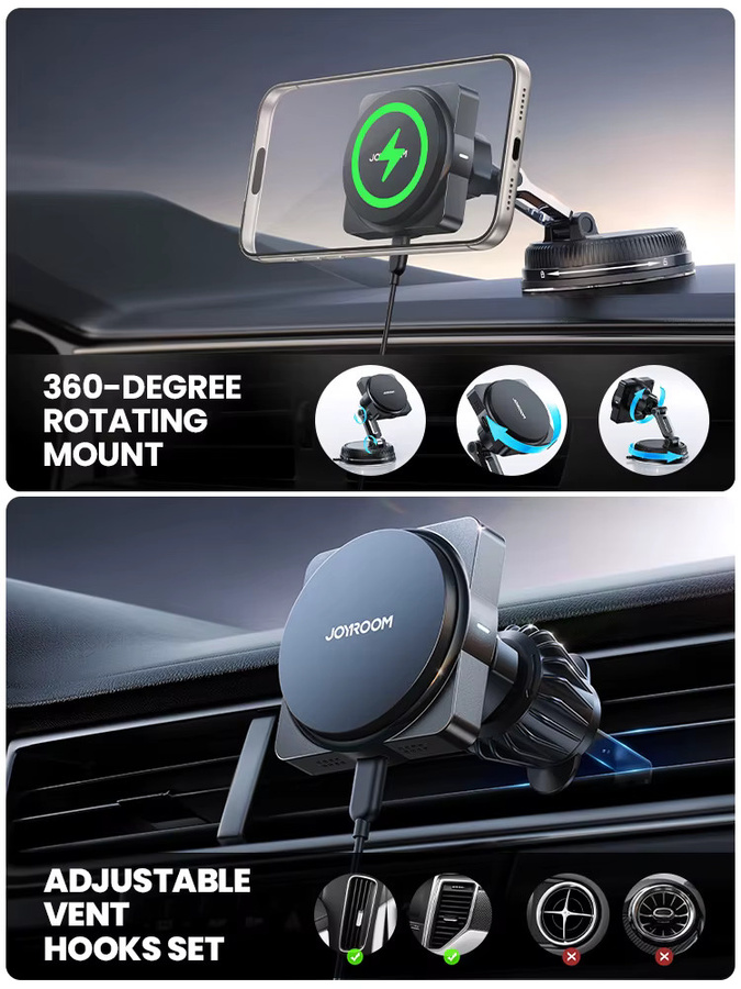 Joyroom Magnetische 15W Wireless Auto-Ladestation und Handyhalterung in Schwarz mit 360 Grad Drehung für iPhone und iOS-Geräte - Bild 6