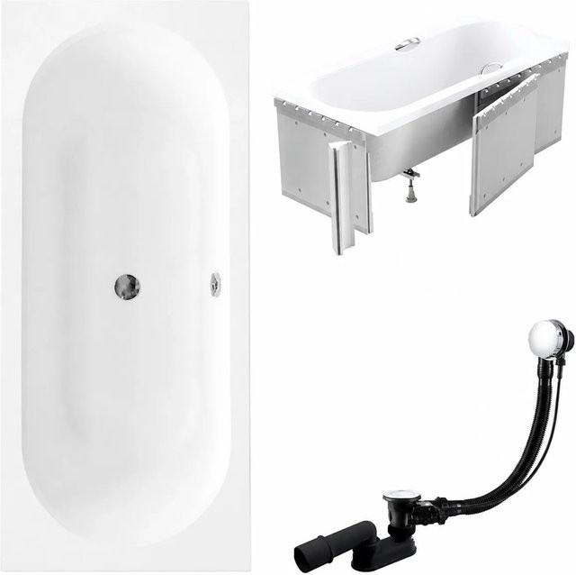KOLMAN Badewanne Rechteck aus Acryl in Weiß mit Styroporverkleidung, Ablauf und Füßen, B/T: 160 x 75 cm - Bild 1