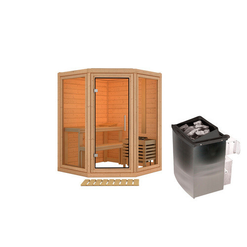 Karibu Sauna Udema für 2 Personen in Beige mit 9 kW Ofen und interner Steuerung, B/T/H: 158 x 158 x 207 cm - Bild 2