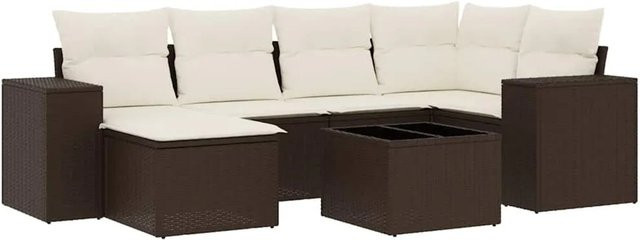 vidaXL 7-teilige Garten-Sofagarnitur in L-Form aus Polyrattan mit Kissen in Braun - Bild 1
