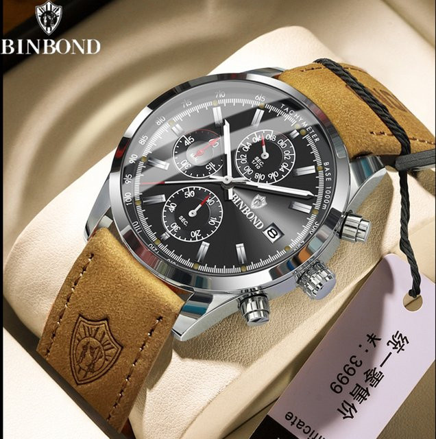 BINBOND Chronograph Armbanduhr, Quarz, Leder, Schwarz, Herren - Bild 1