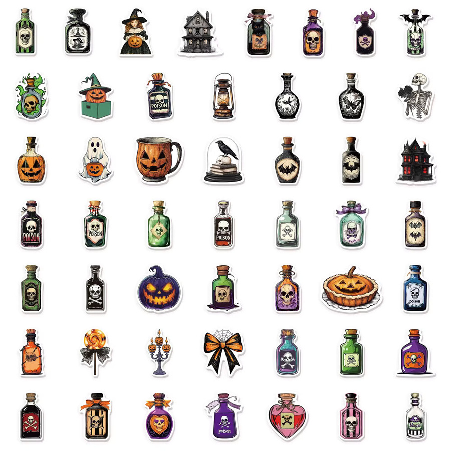 PickJoy 50 Stück Halloween Medizin Flasche Aufkleber, kreative Graffiti Sticker, wasserfest für Notebook, Gepäck und Lautsprecher, Mehrfarbig - Bild 3