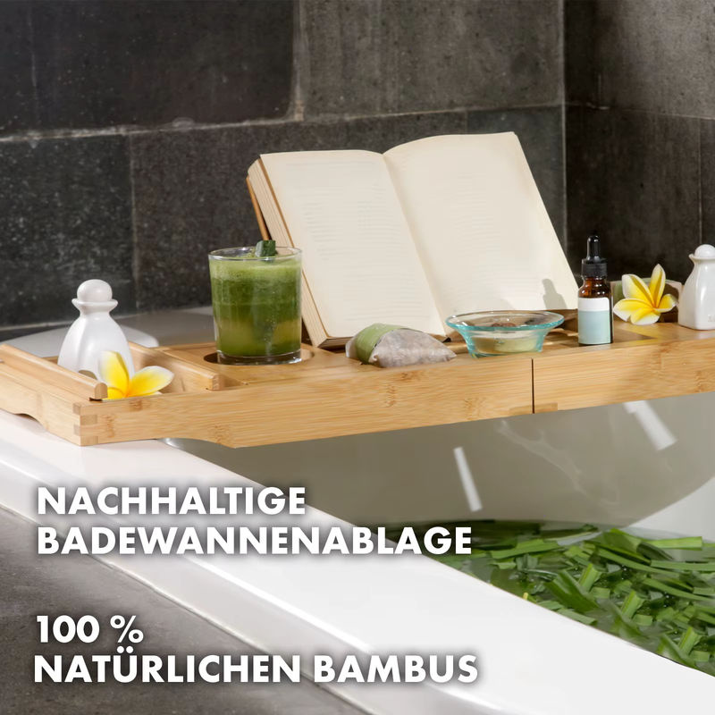 FLOORDIREKT Bambus Badewannenablage Oklahoma in Braun – Ausziehbares und flexibles Badebrett mit integriertem Buchhalter und Tabletablage - Bild 3