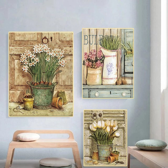 Potdemiel Vintage Wandkunst Poster mit botanischen Blumen und Blumentöpfen in Mehrfarbig, B/H: 25 x 25 cm - Bild 1