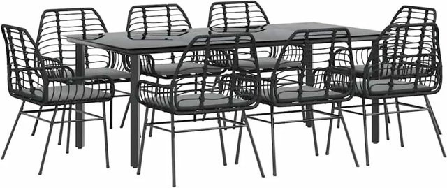 vidaXL 9-teilige Garten-Essgruppe aus Poly Rattan mit Glasplatte und Kissen in Schwarz-Dunkelgrau - Bild 1