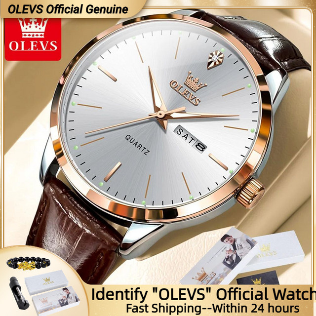 OLEVS Armbanduhr, Quarz, Lederarmband, Blau, Roségold, Herren - Bild 1