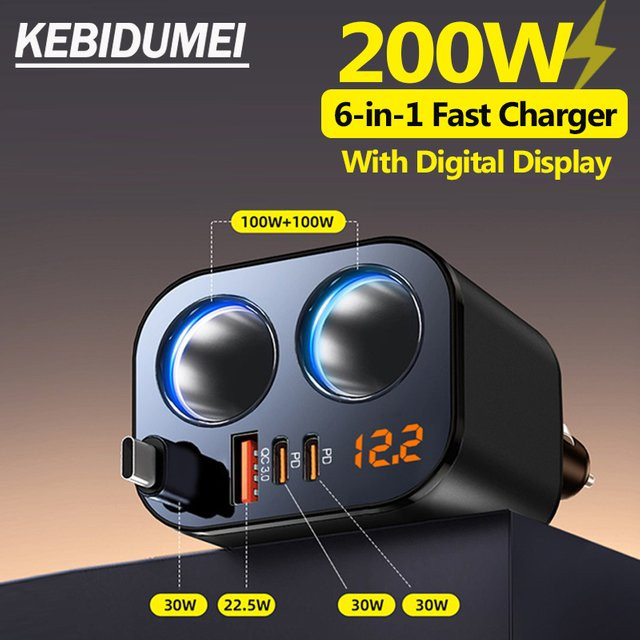 kebidumei 6-in-1 Auto-Ladegerät mit 200W Max Leistung, 100W PD30W und QC3.0 Superschnellladeadapter für Zigarettenanzünder, Schwarz - Bild 1