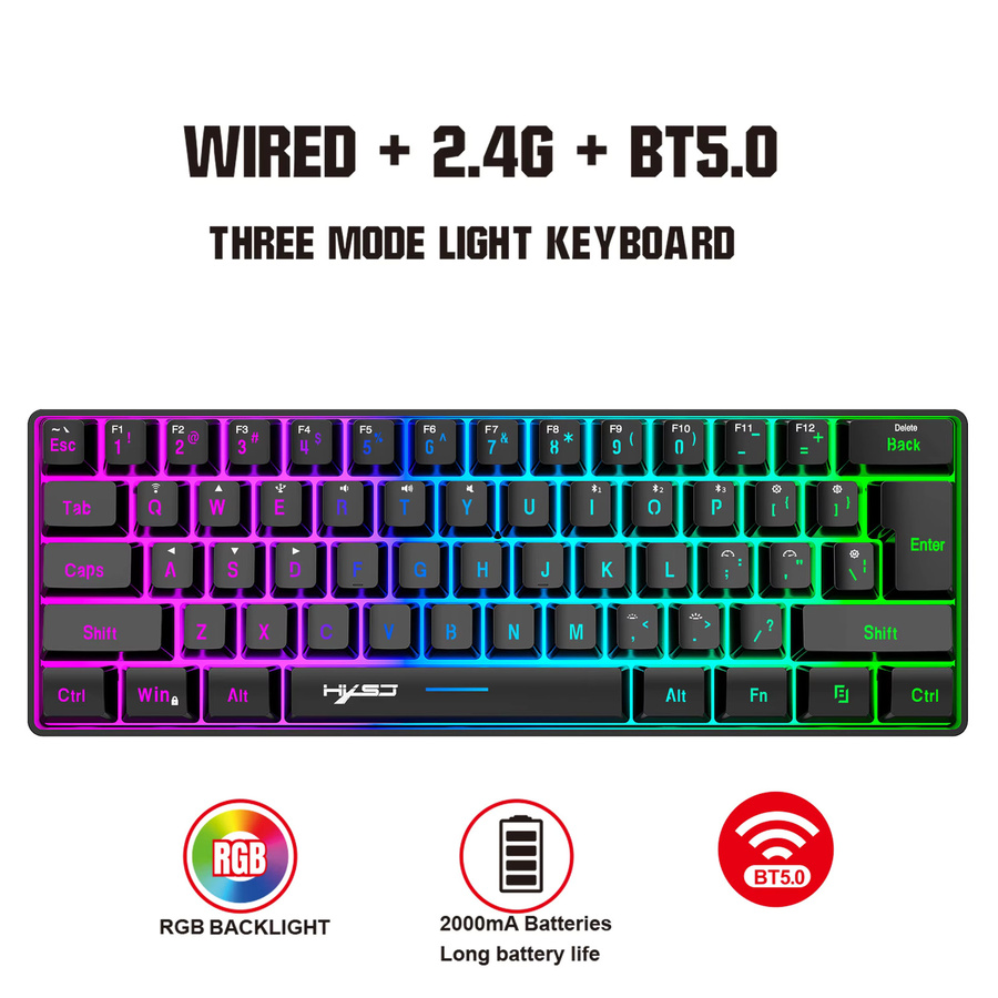 HXSJ Kabellose Gaming-Tastatur mit RGB-Hintergrundbeleuchtung in Schwarz, Bluetooth-Tastatur mit ergonomischem Design und 2000 mAh Akku - Bild 6