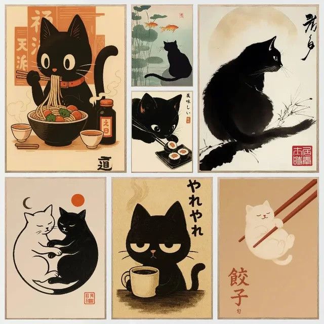 Retro Wandkunst Poster mit schwarzer Katze, Sushi und Espresso in Multicolor, rechteckig und ohne Rahmen - Bild 1