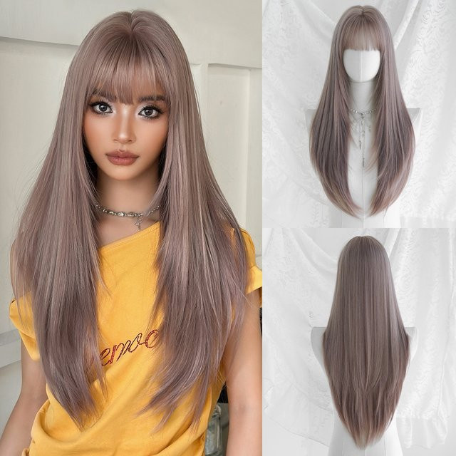 7JHH WIGS Perücke für Damen, lange glatte hellviolette Synthetik-Perücke, mit Pony - Bild 1