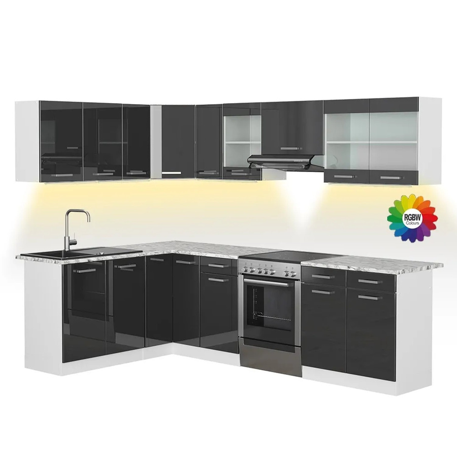 Vicco Rick Eckküche Hochglanz Weiß/Anthrazit mit LED-Leisten und Marmor-Optik B/H: 267 x 167 cm - Bild 2