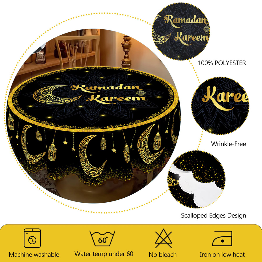 Dekorative Tischdecke aus Polyester mit orientalischem Mandala-Muster, Halbmond, Sternen und Laternen in Schwarz und Gold - Bild 5