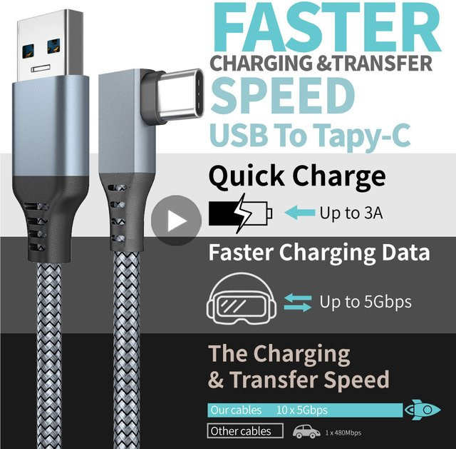 AyeBeau USB A auf USB C Link Kabel für Meta Quest 2 und Oculus Quest 2 VR Headset Zubehör, Grau, 5 m - Bild 1