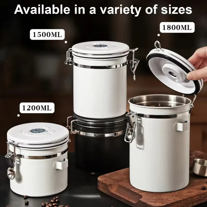 HOCOSHINE Vakuum-Vorratsglas aus Edelstahl und Glas mit Löffel, luftdichter Behälter für Kaffeebohnen und Nüsse, Silber/Weiß - Bild 3