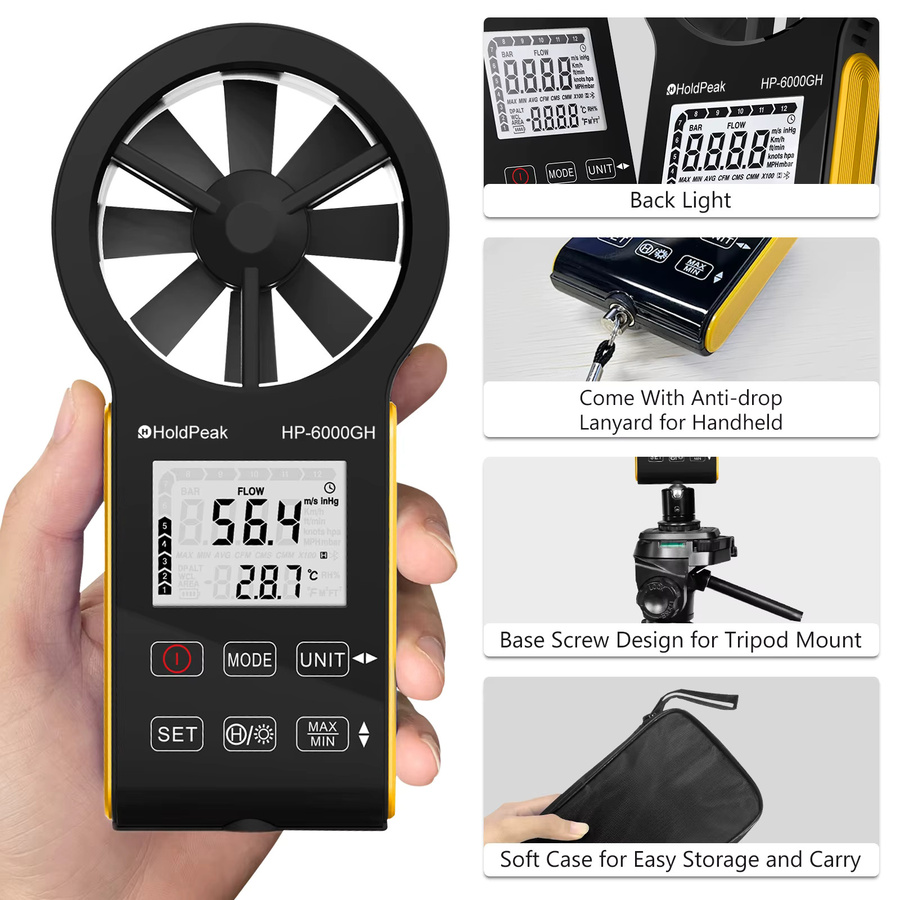 HoldPeak Digitales Anemometer mit Temperatur- und Luftstrommessung, IP67 wasserdicht, mit Hintergrundbeleuchtung und Typ-C-Aufladung - Bild 3