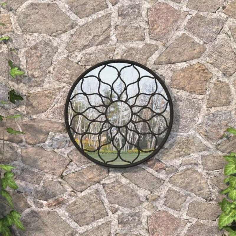 Runder Gartenspiegel von vidaxl in Schwarz aus Metall und Glas mit floralem Design, Durchmesser: 60 cm, Tiefe: 3 cm - Bild 1