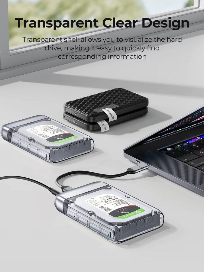 Orico 2,5-Zoll Festplattengehäuse aus Metall mit USB-C Anschluss und 5 Gbit/s Übertragungsrate, transparentes Design mit automatischem Ruhezustand für PC und Laptop - Bild 1