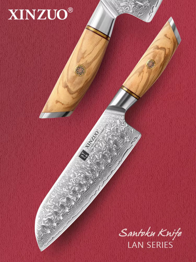 XINZUO Santoku-Messer mit 73 Lagen Damaszener Edelstahl, Pulverstahlkern und Olivenholzgriff, Silber, 17,78 cm - Bild 4