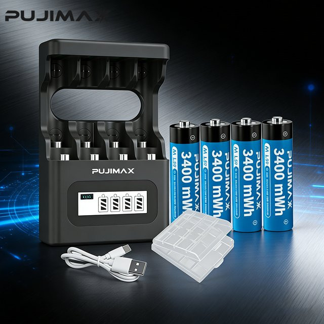 PUJIMAX Lithium-Ionen-Akku Set mit Ladegerät: AA 1,5 V 3400 mWh und AAA 1100 mWh für Radiowecker, Videospiele und Digitalkameras - Bild 1