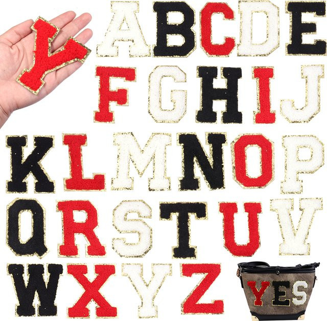 Selbstklebende Chenille-Patches mit englischen Buchstaben und Goldrand in 3 Farben, Größe: 8 cm, ideal für DIY-Handwerk und zur Dekoration von Kleidung und Taschen - Bild 1