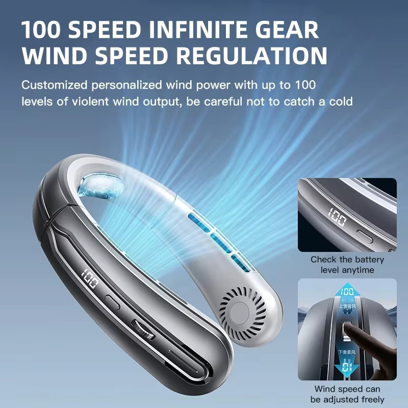 XMSJ Tragbarer Halsventilator mit 8000 mAh Akku, Blattloser Mini-Luftkühler mit LED Digital Display und USB-Ladefunktion, Blau - Bild 2