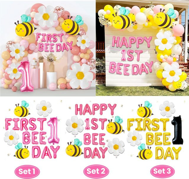 LaVenty Ballon-Set zum ersten Geburtstag im Bienen-Design in Rosa und Gold zur Wanddekoration - Bild 1